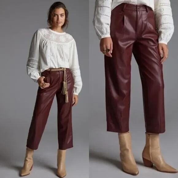 Pilcro Anthropologie The Breaker Cropped Wide Leg Faux Leather Pants Burgundy MP - Picture 1 of 10